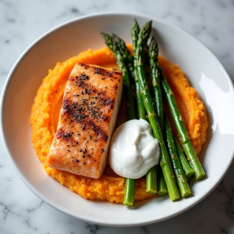 Seared Salmon Fillet with Roasted Asparagus and Sweet Potato Mash