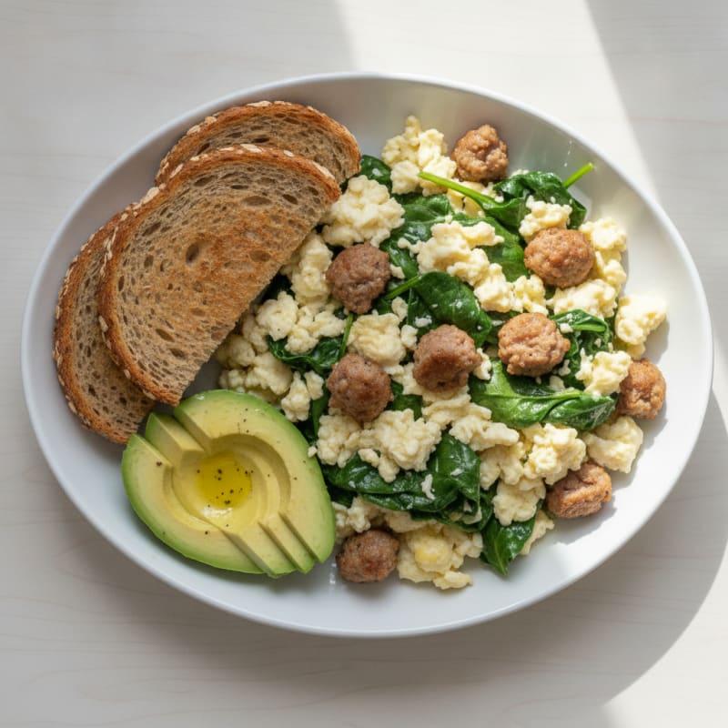 Egg White and Spinach Scramble with Turkey Sausage