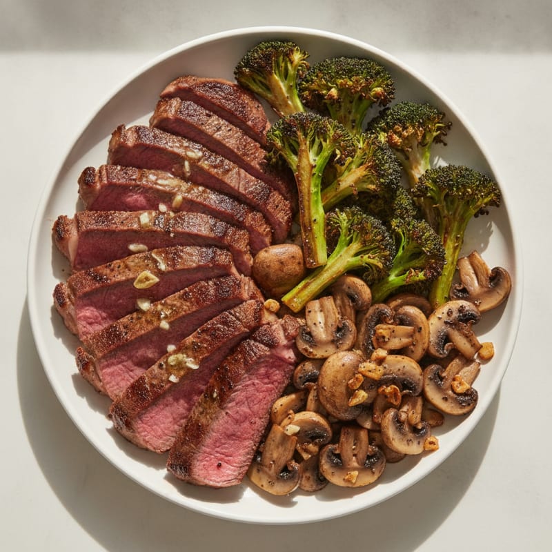 Seared Sirloin with Roasted Broccoli and Garlic Mushrooms