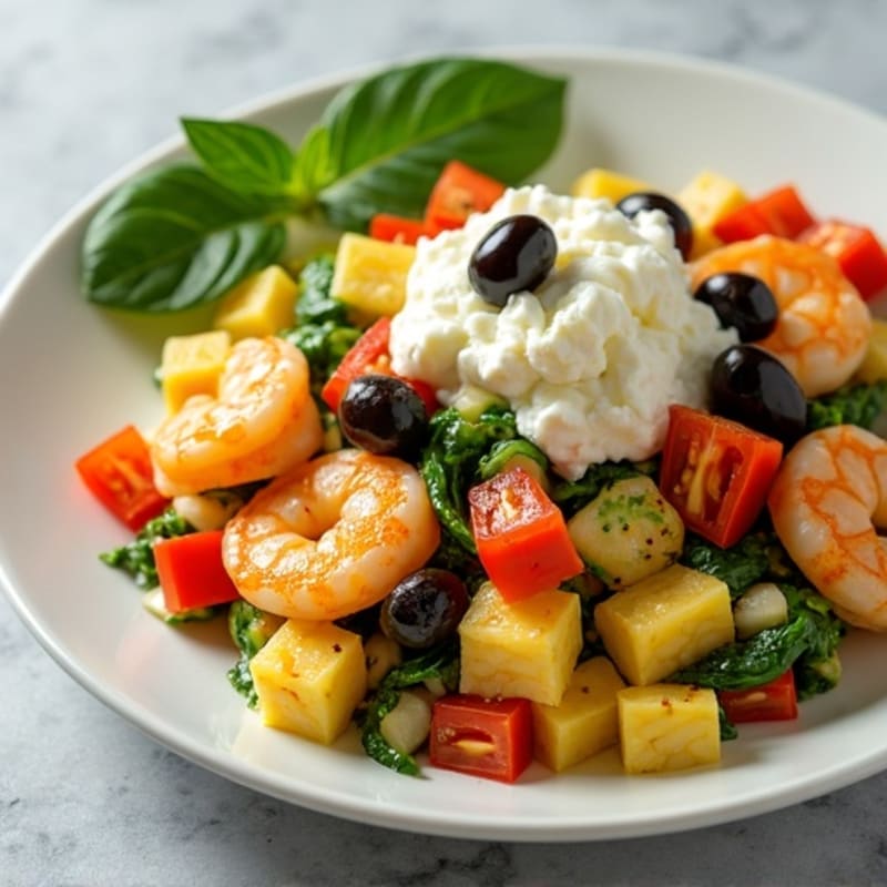Egg White and Veggie Scramble with Cottage Cheese and Shrimp