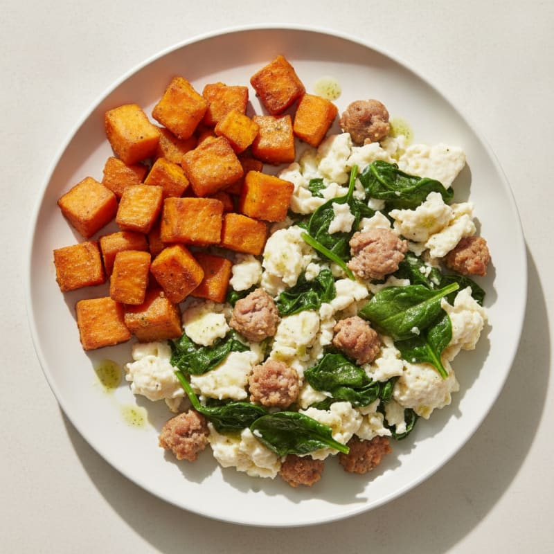 Scrambled Egg Whites with Turkey Sausage and Sautéed Spinach
