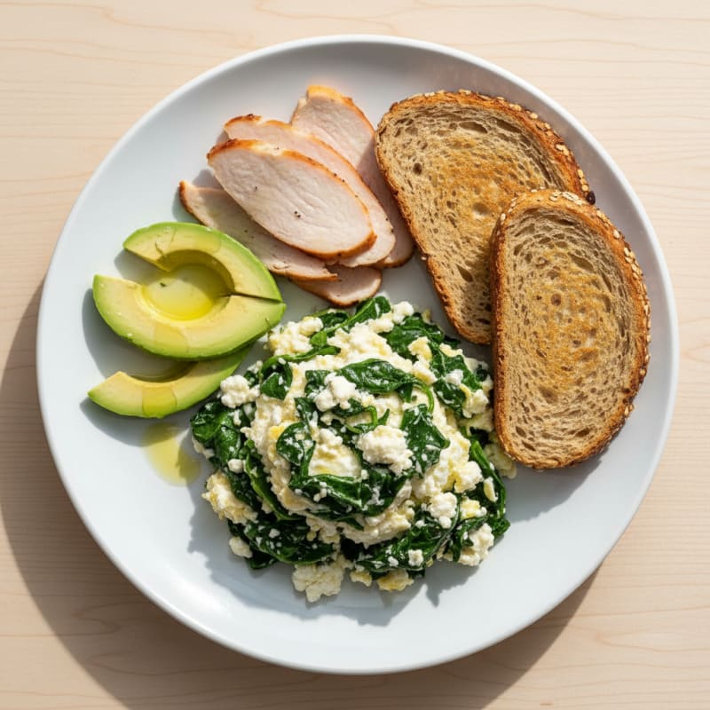 Egg White Spinach Scramble with Cottage Cheese and Sliced Turkey