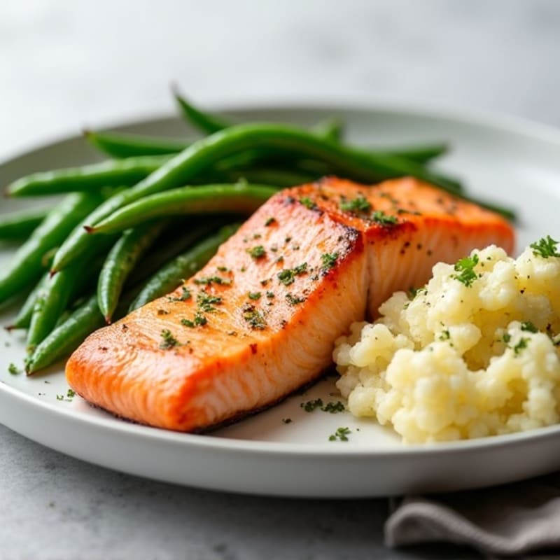 Seared Salmon with Steamed Green Beans and Garlic Mashed Cauliflower