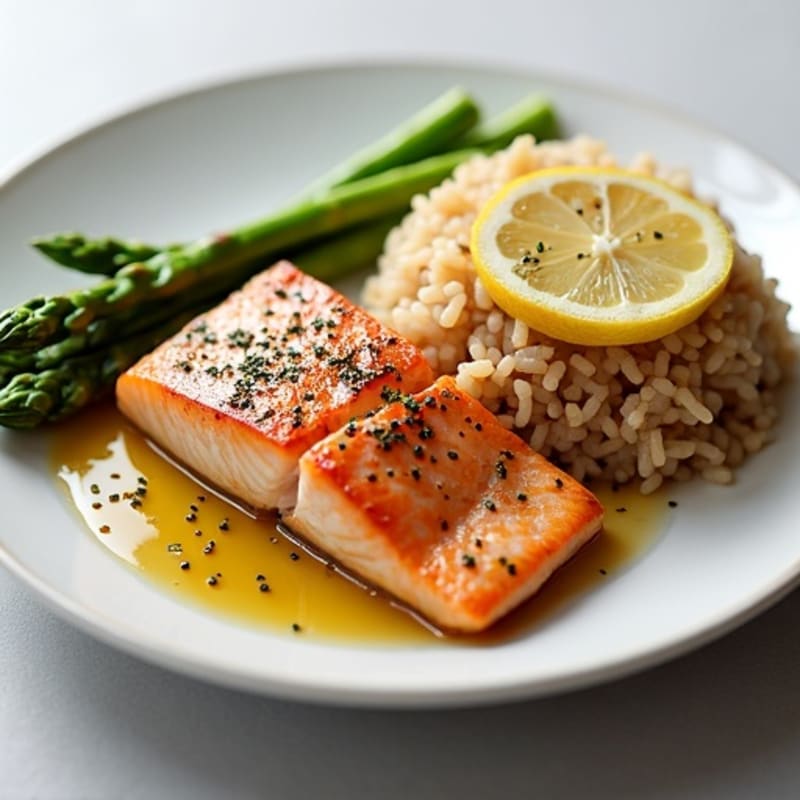 Seared Salmon with Steamed Asparagus and Brown Rice