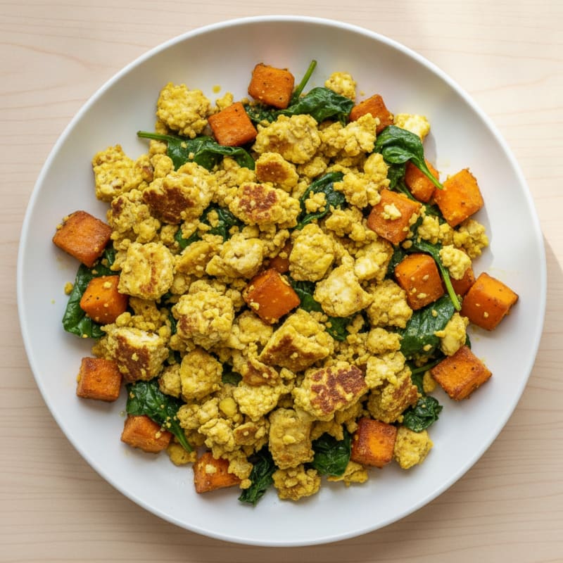 Silky Tofu Scramble with Spinach and Roasted Sweet Potato