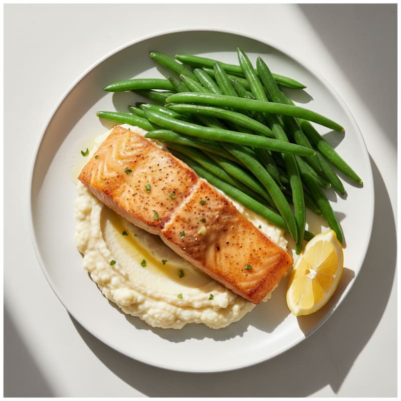 Seared Salmon with Steamed Green Beans and Cauliflower Mash