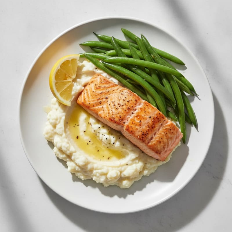 Seared Salmon with Steamed Green Beans and Garlic Mashed Cauliflower