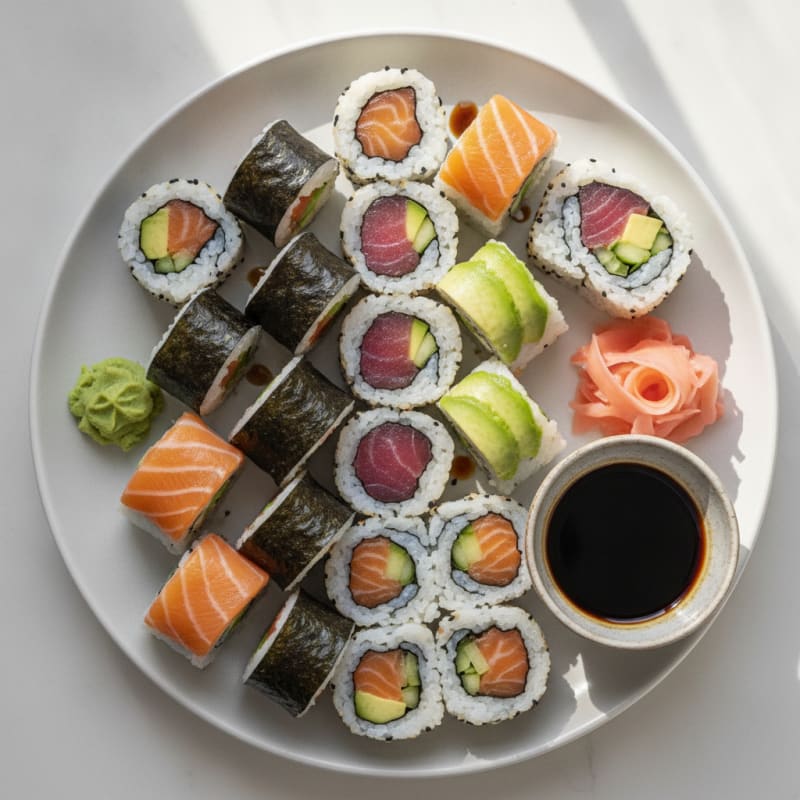 Assorted Fresh Sushi Rolls with Wasabi