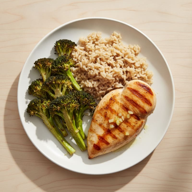 Grilled Chicken Breast with Brown Rice and Roasted Broccoli