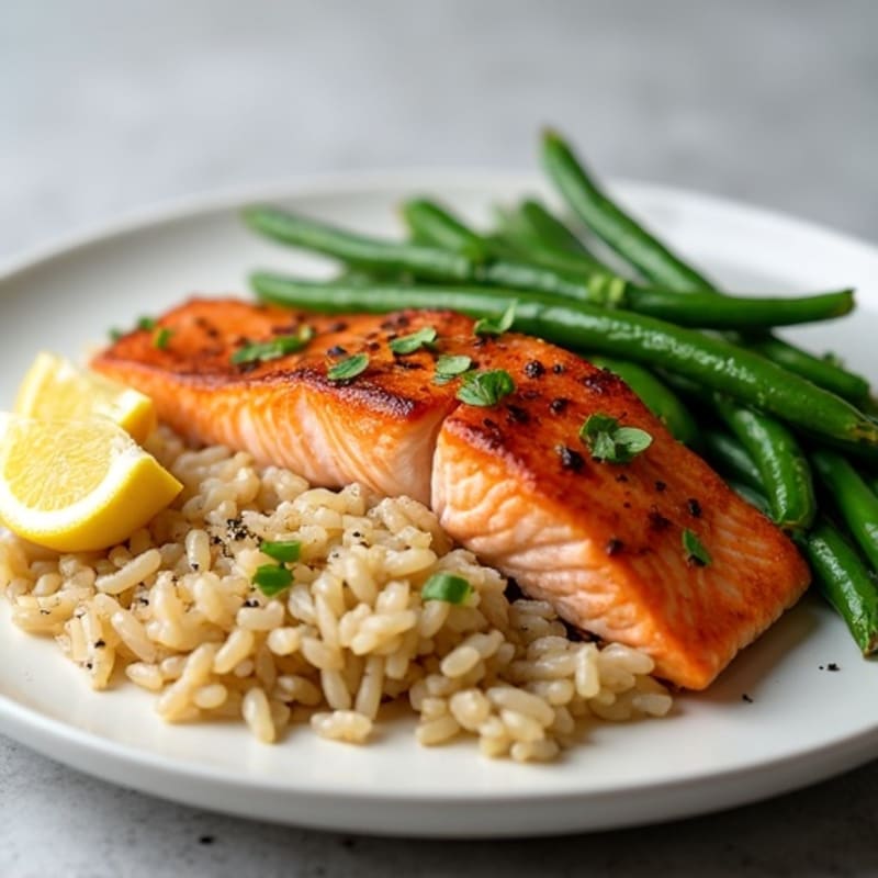 Seared Salmon Fillet with Garlic Green Beans and Brown Rice