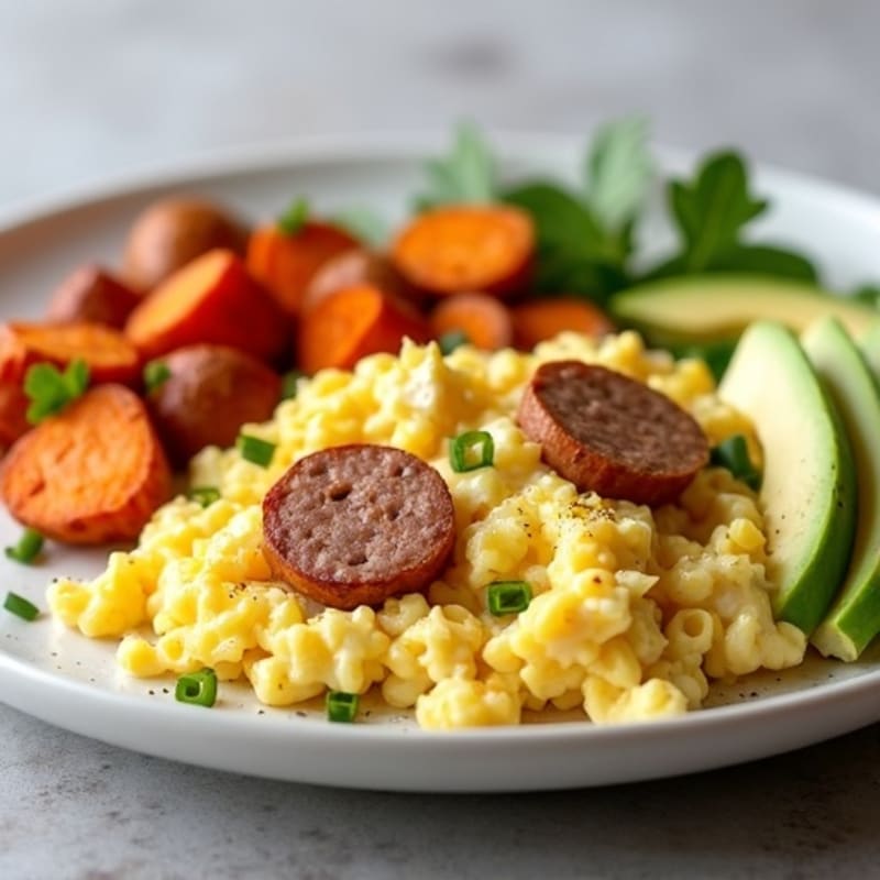 Egg White and Turkey Sausage Scramble with Roasted Sweet Potatoes