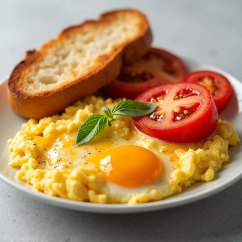 Creamy Scrambled Eggs with Melted Cheese, Fresh Tomato, and Toasted Sourdough