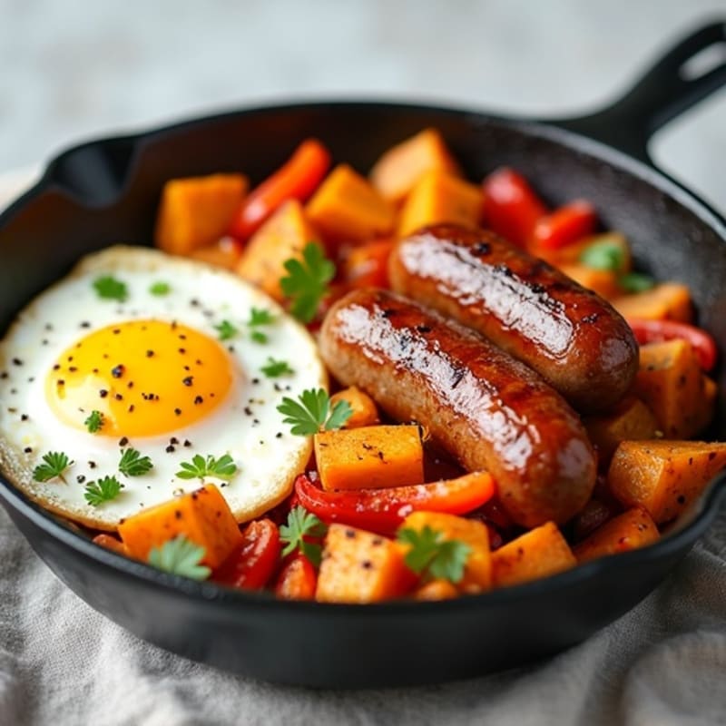 Lean Turkey Sausage and Egg Skillet with Roasted Sweet Potatoes and Bell Peppers