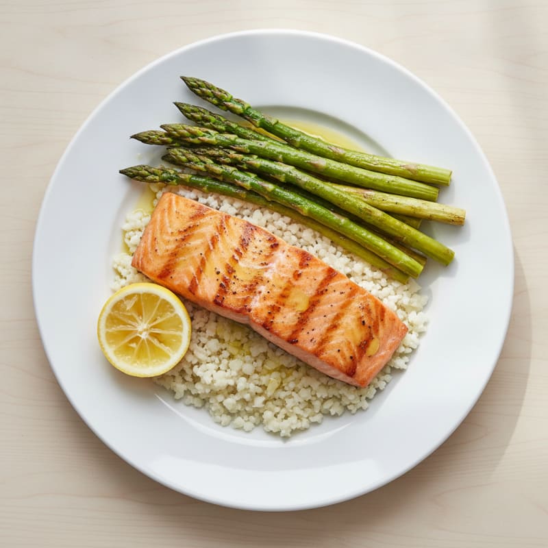 Grilled Salmon with Roasted Asparagus and Cauliflower Rice