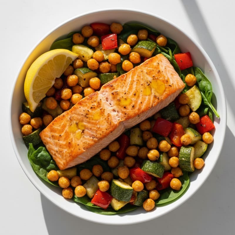 Crispy Chickpea and Roasted Vegetable Bowl with Seared Salmon