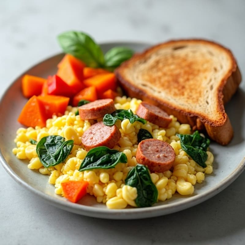 Egg White and Turkey Sausage Scramble with Roasted Sweet Potatoes