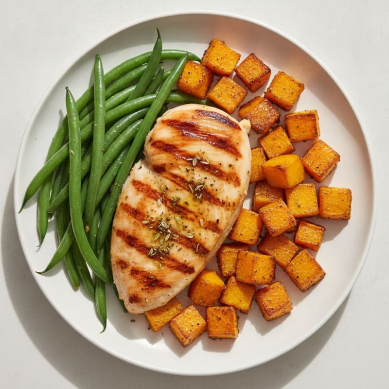 Grilled Chicken Breast with Steamed Green Beans and Roasted Butternut