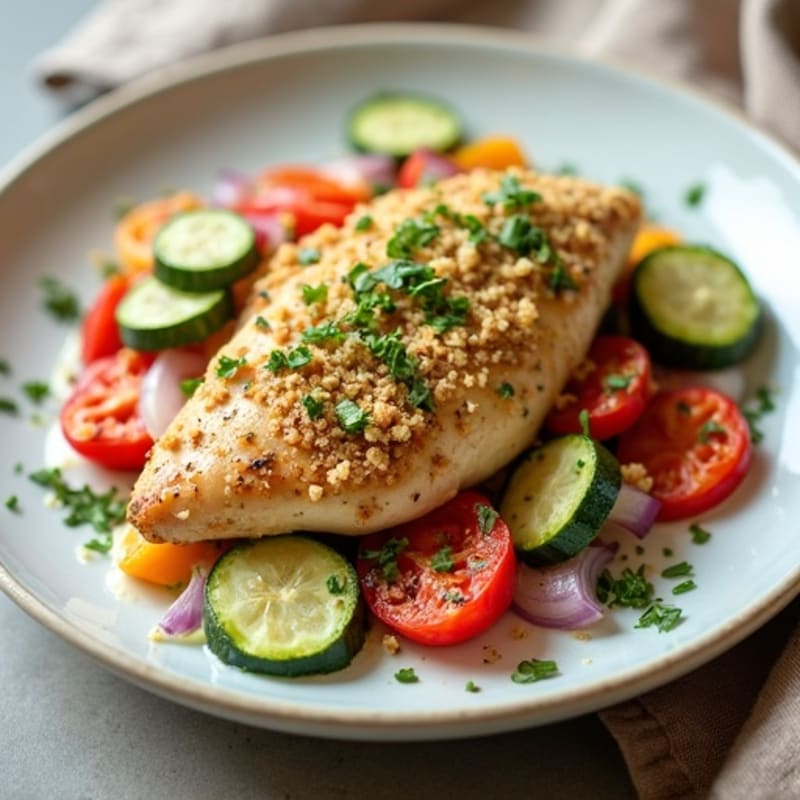 Creamy Chicken and Roasted Vegetable Skillet with Crispy Herb Topping