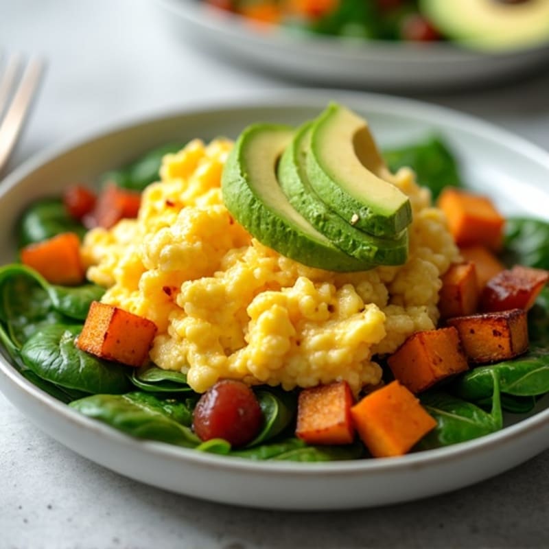 Scrambled Eggs with Roasted Sweet Potato, Fresh Spinach, and Creamy Avocado