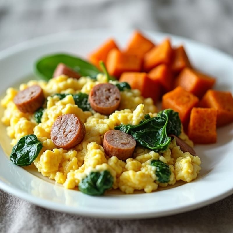 Egg White and Turkey Sausage Scramble with Spinach and Roasted Sweet Potato