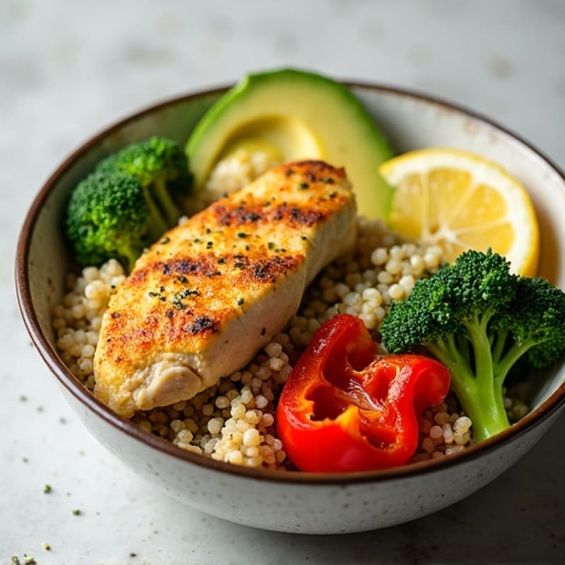 Crispy Lemon Herb Chicken Bowl with Quinoa and Roasted Vegetables
