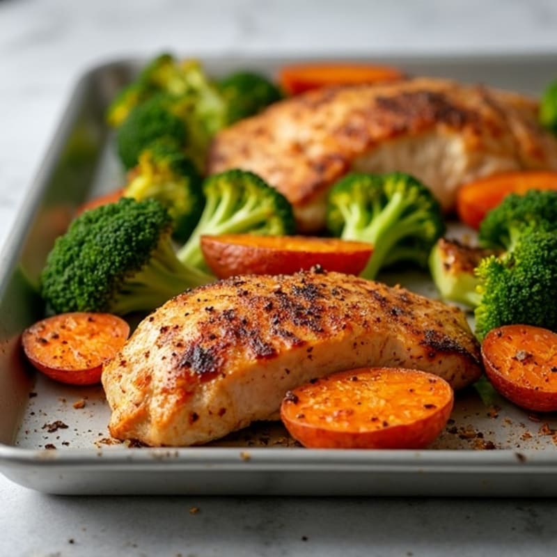 Crispy Sweet Potato and Chicken Sheet Pan with Roasted Broccoli