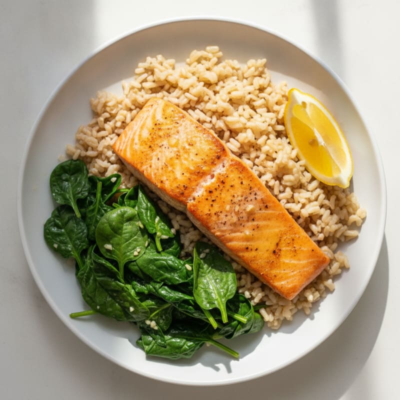 Seared Salmon with Brown Rice and Sautéed Spinach