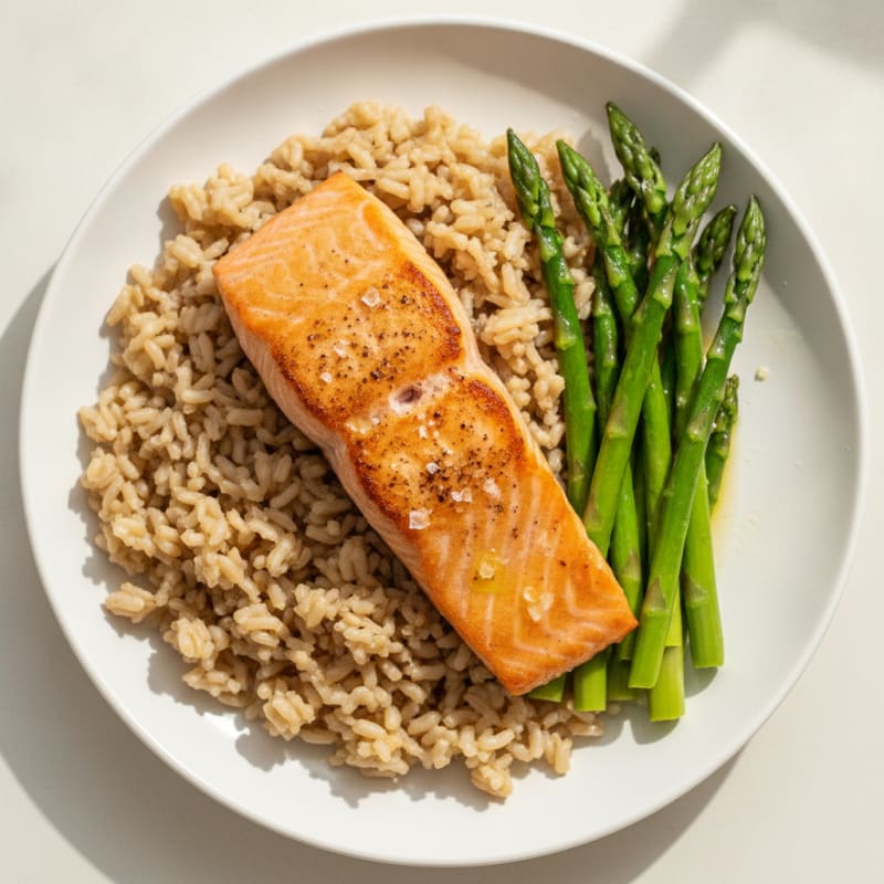 Seared Salmon with Steamed Asparagus and Brown Rice