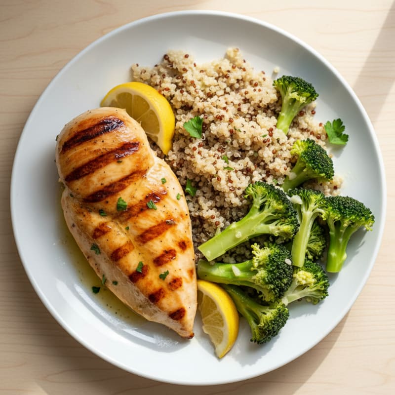 Grilled Chicken Breast with Steamed Broccoli and Quinoa