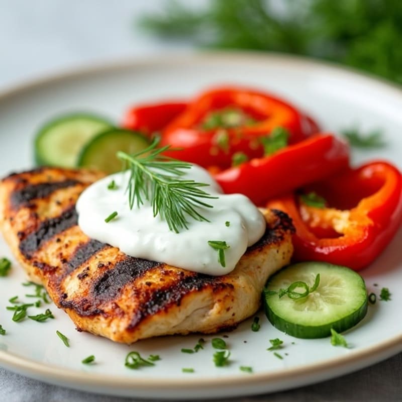 Grilled Chicken with Creamy Cucumber-Dill Greek Yogurt Sauce and Roasted Bell Peppers