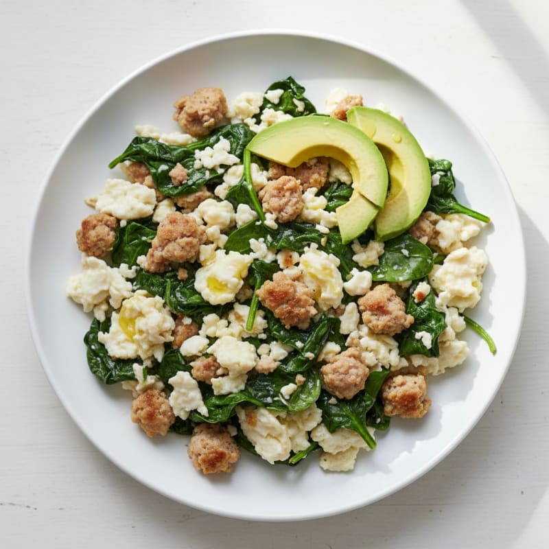 Scrambled Egg Whites with Turkey Sausage and Sautéed Spinach