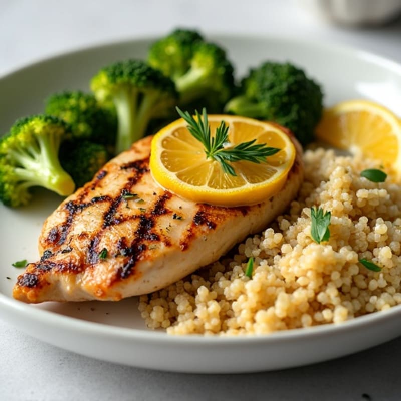 Grilled Lemon Garlic Chicken Breast with Quinoa and Roasted Broccoli