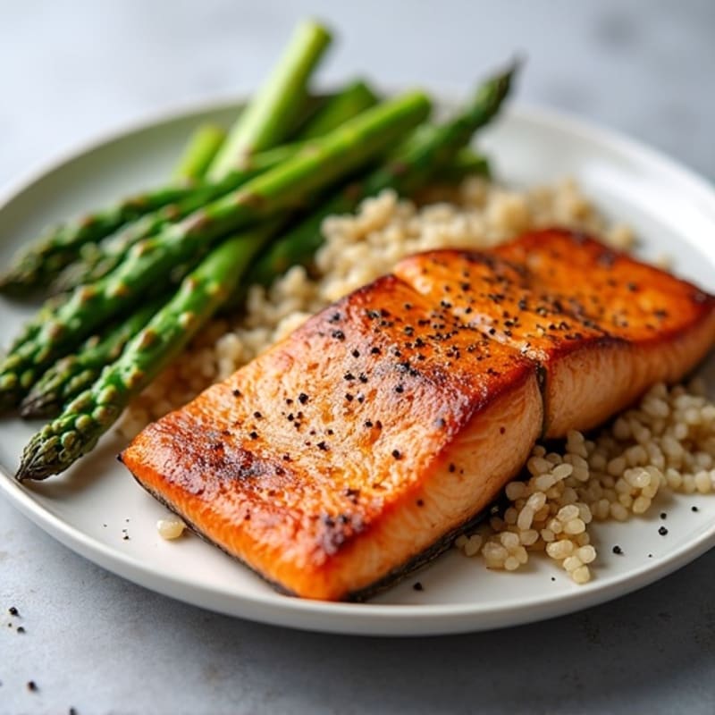 Seared Salmon with Steamed Asparagus and Brown Rice