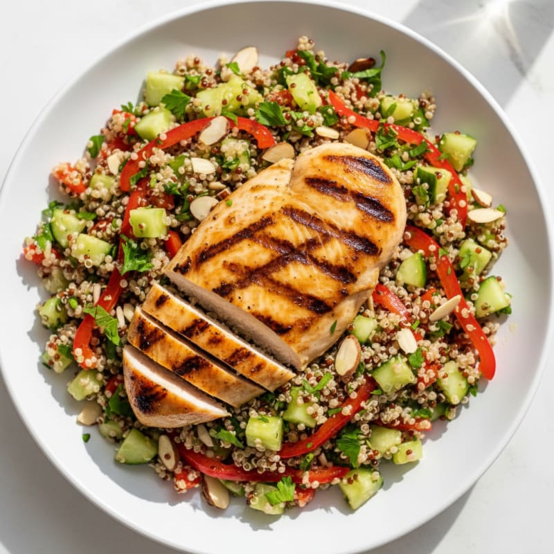 Grilled Chicken Breast with Crunchy Quinoa Salad and Lemon Vinaigrette
