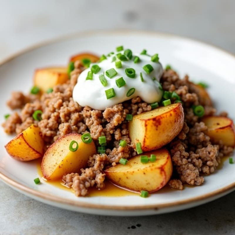 Crispy Roasted Potatoes with Lean Ground Turkey and Creamy Chive Sauce