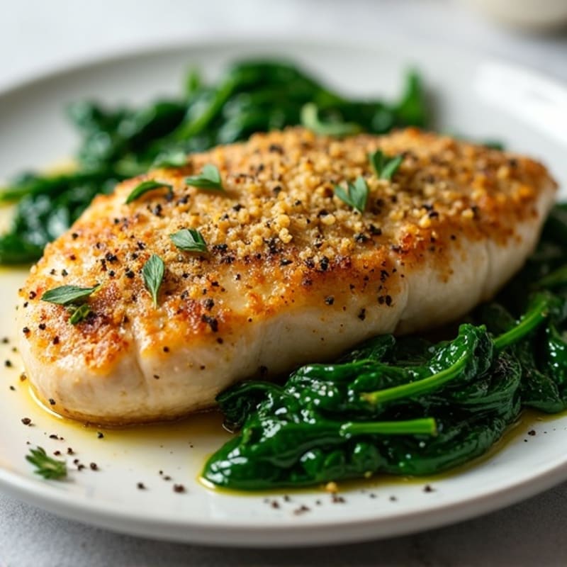 Herb-Crusted Chicken Breast with Garlic Sautéed Spinach