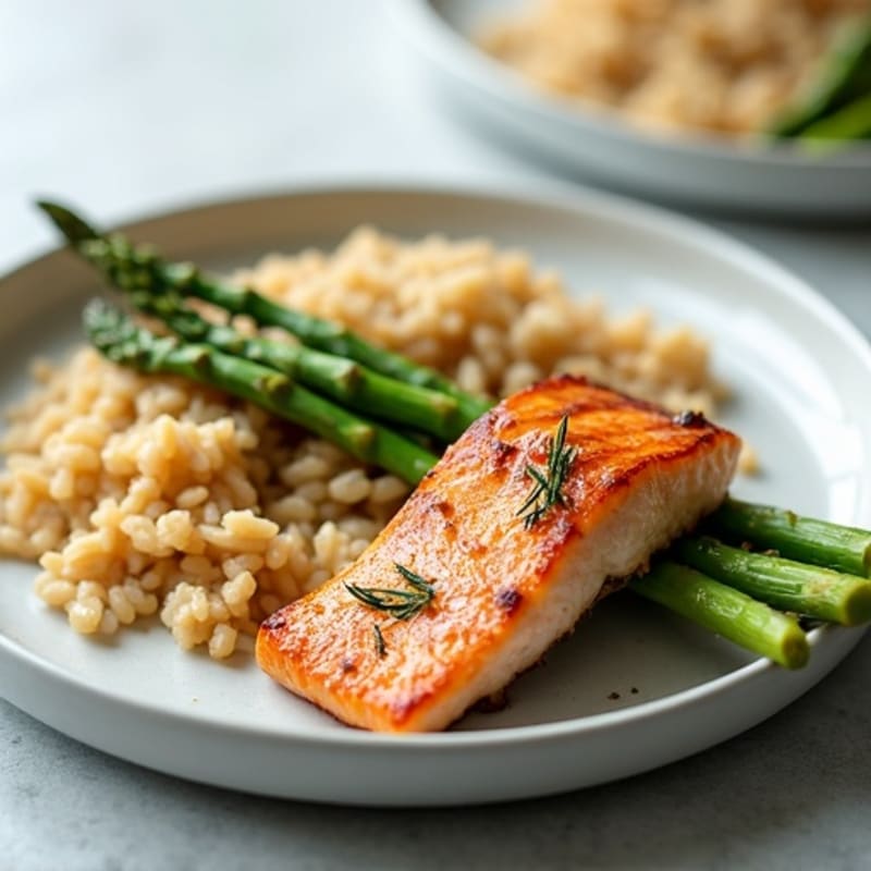 Seared Salmon Filet with Steamed Asparagus and Brown Rice