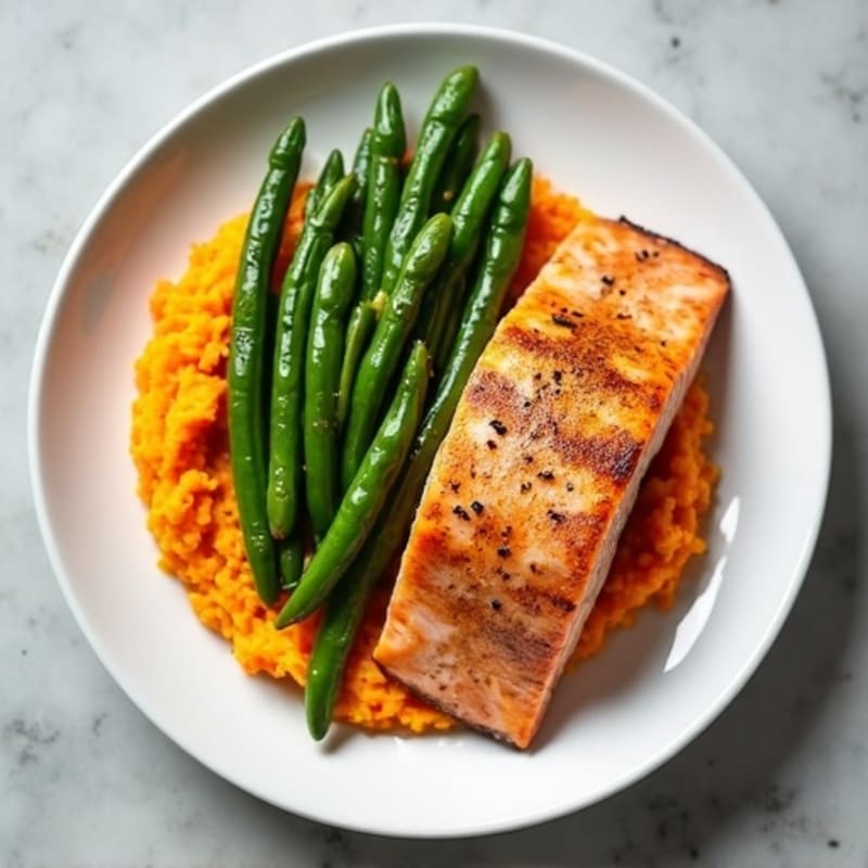 Seared Salmon Fillet with Steamed Green Beans and Sweet Potato Mash