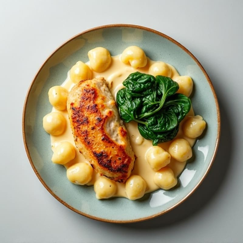 Cauliflower Gnocchi with Creamy Nutritional Yeast Sauce, Roasted Chicken, and Spinach