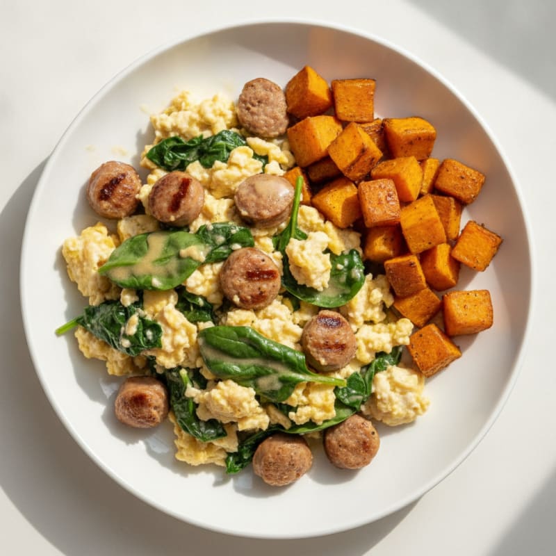 Egg White and Turkey Sausage Scramble with Spinach and Roasted Sweet Potato