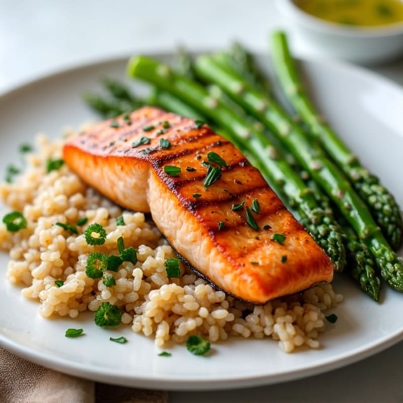 Seared Salmon with Steamed Asparagus and Brown Rice