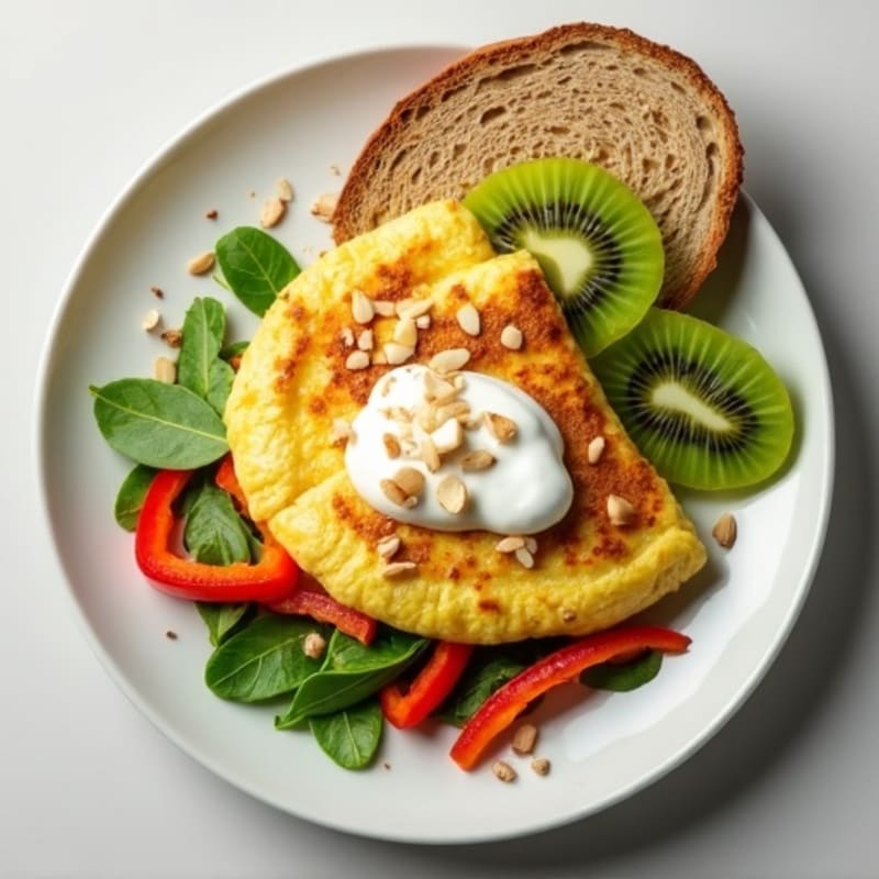 Egg White Vegetable Omelet with Greek Yogurt, Sliced Kiwi & Toasted Almond Topping