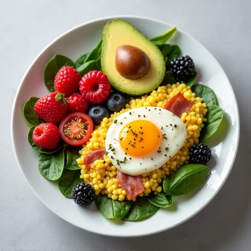 Egg White Vegetable Scramble with Turkey Bacon and Mixed Berries