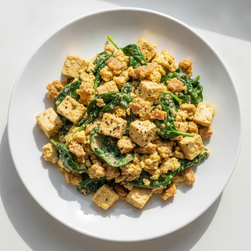 Creamy Tofu Scramble with Spinach and Tempeh Crumbles