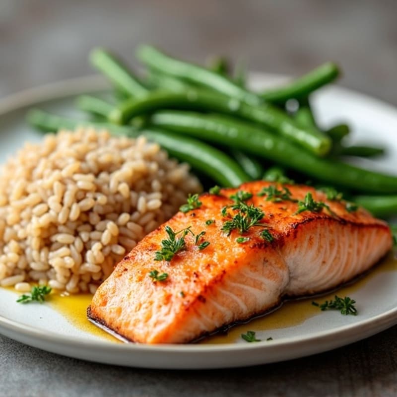 Seared Salmon Fillet with Garlic Green Beans and Brown Rice