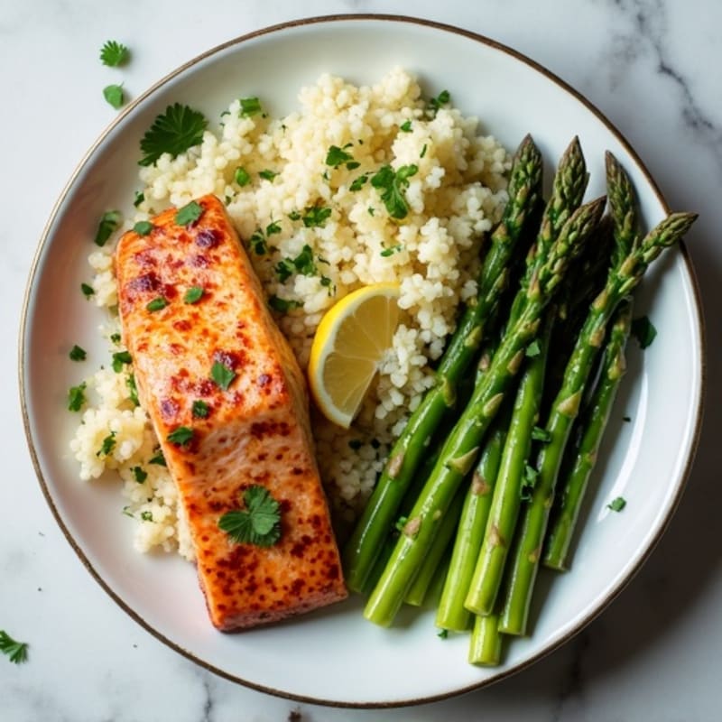 Seared Salmon with Steamed Asparagus and Herbed Cauliflower Rice