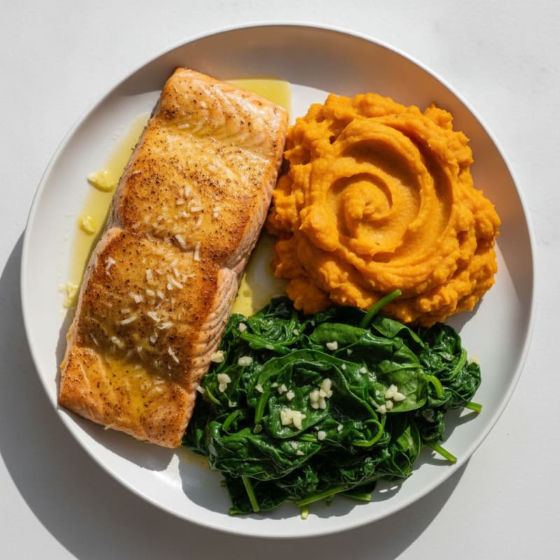 Baked Turmeric Salmon with Garlic Sautéed Spinach and Sweet Potato Mash