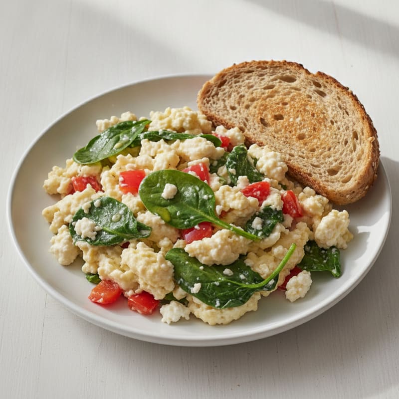 Egg White Veggie Scramble with Cottage Cheese and Fresh Spinach