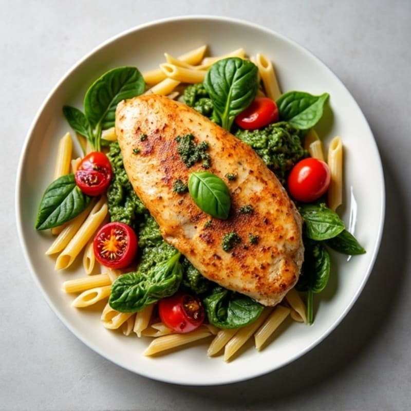 Roasted Chicken Pesto Pasta with Blistered Tomatoes and Spinach