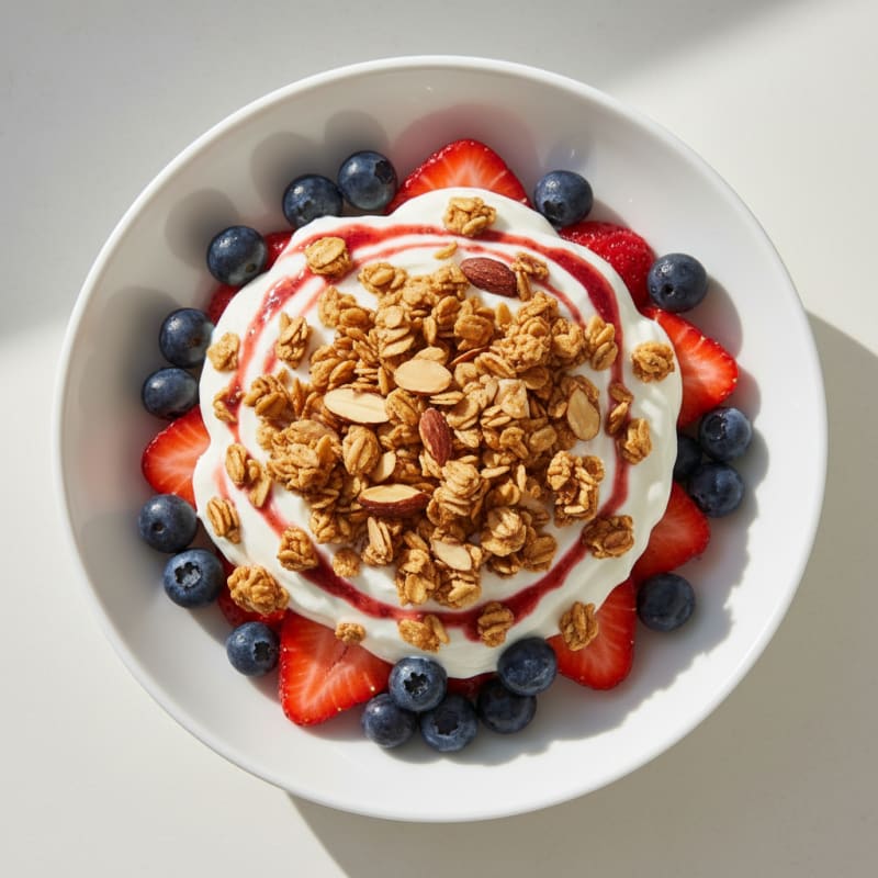 Greek Yogurt Parfait with Crunchy Almond Granola and Fresh Berries